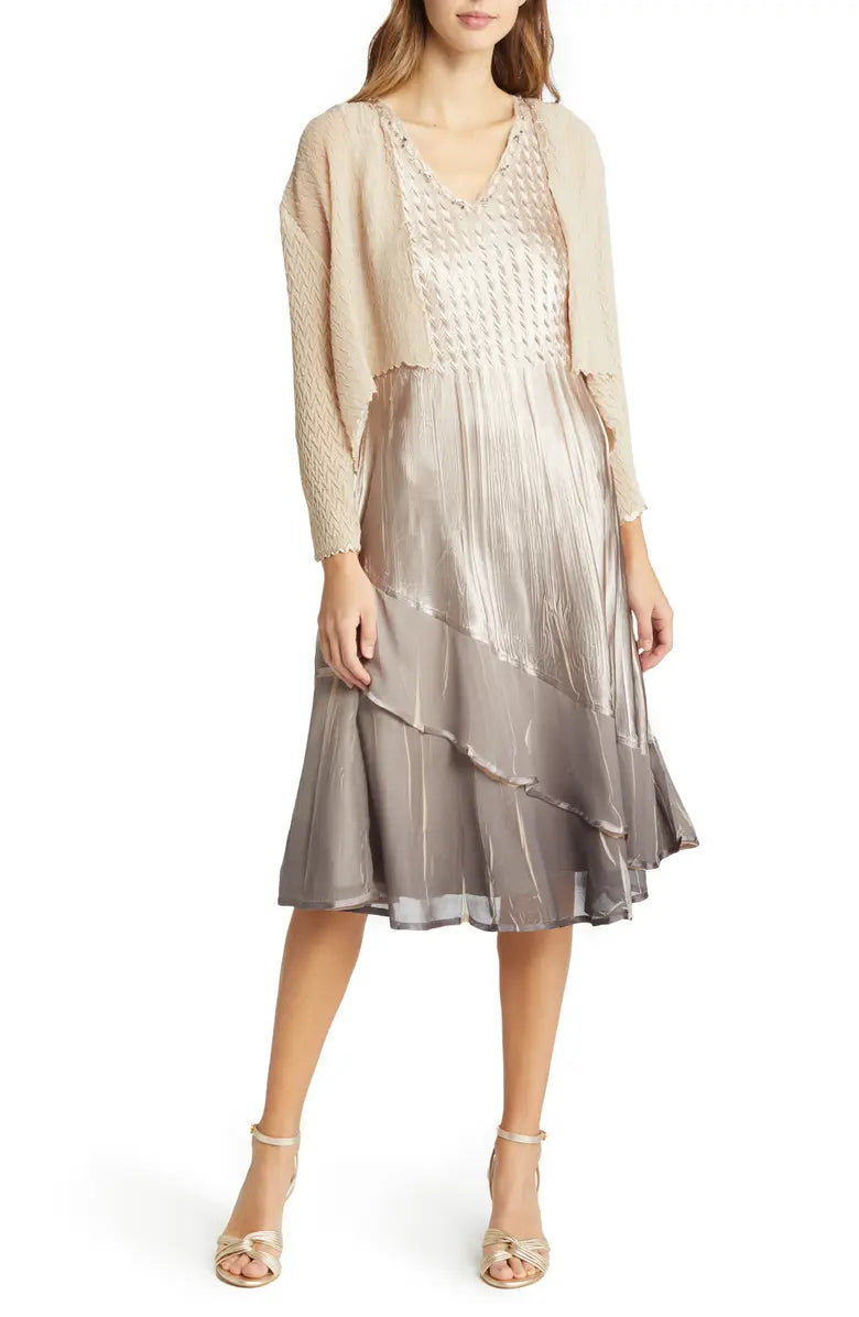 Komarov - Chiffon Insert Dress & Jacket Set - Cafe Ombre
