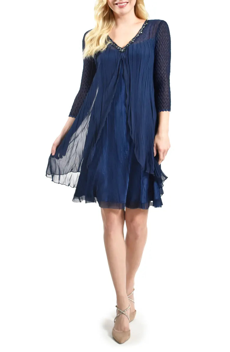 Komarov - Flyaway Chiffon Cocktail Dress - Midnight Navy