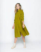 Baci - Wash Dyed Pleated Button-Up Shirt Dress - Chartreuse