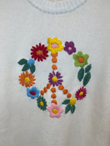 Minnie Rose - Cotton Cashmere Floral Peace Crew Sweater - Starch