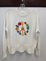 Minnie Rose - Cotton Cashmere Floral Peace Crew Sweater - Starch